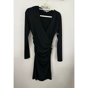 NWT Jennifer Lopez Dress Womens Black Faux Wrap Ruched Elegant Modern Small
